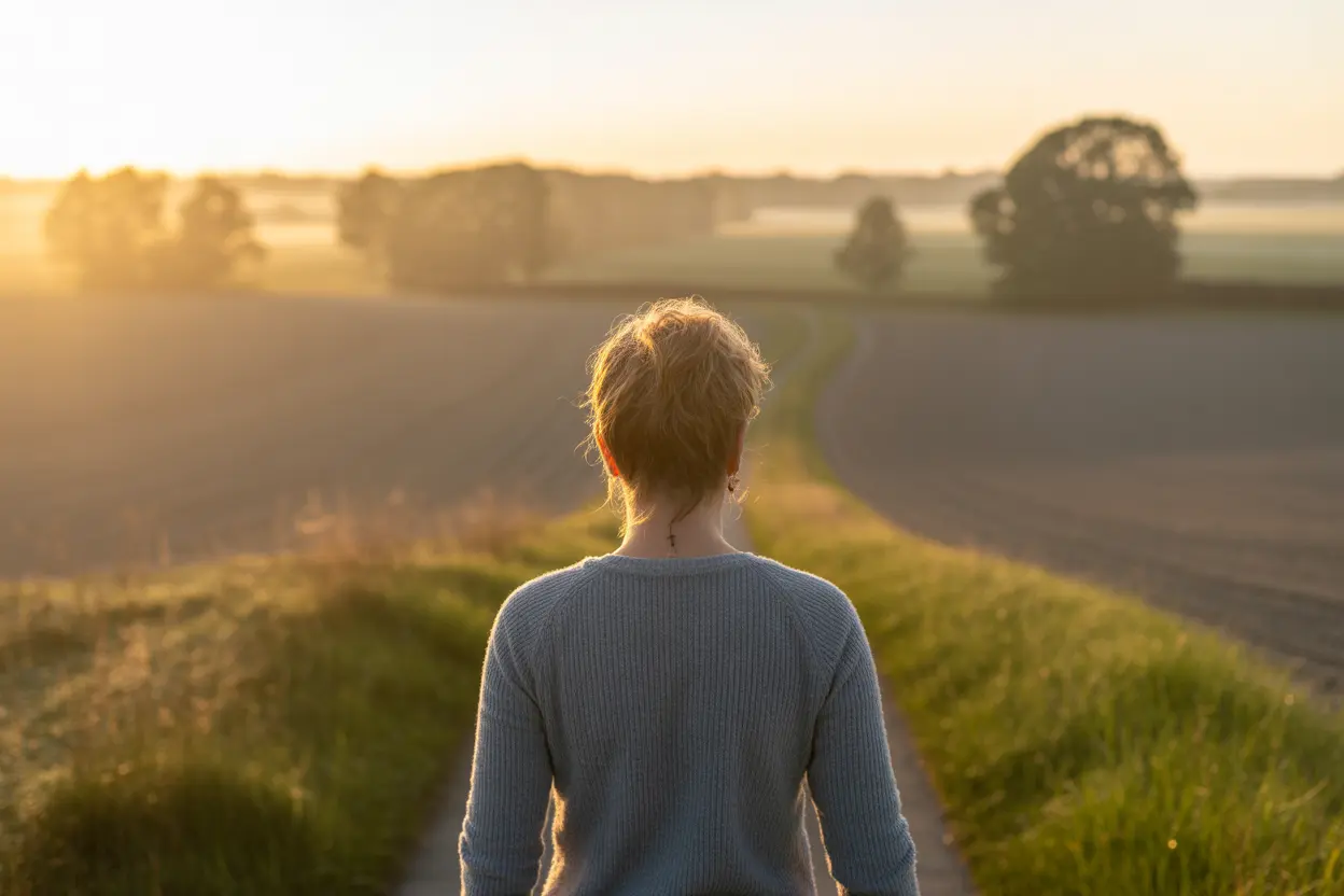 A person stands on a path looking out at a peaceful Indiana sunrise, symbolizing hope and a new beginning.