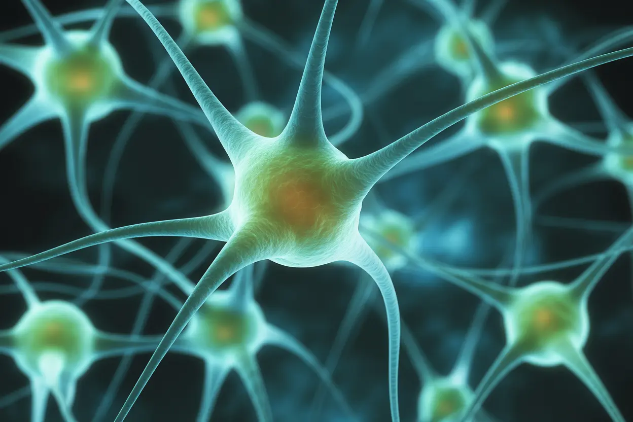 An abstract, scientific image of brain synapses firing with calm blue and green neural pathways.