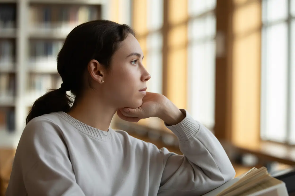 A person sits in a sunlit library, looking out a window with a calm and thoughtful expression.