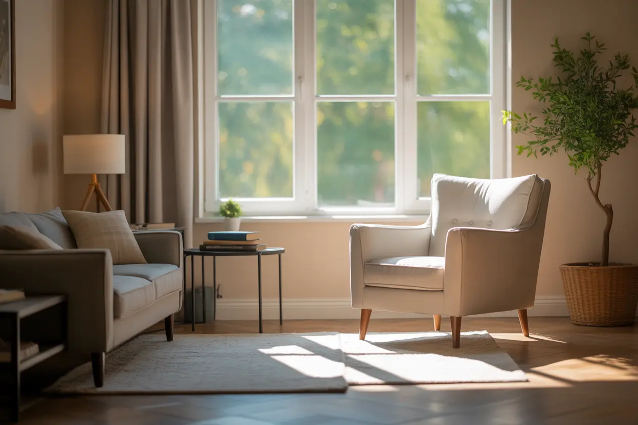 A calm and welcoming therapy office, ready for a session to begin.