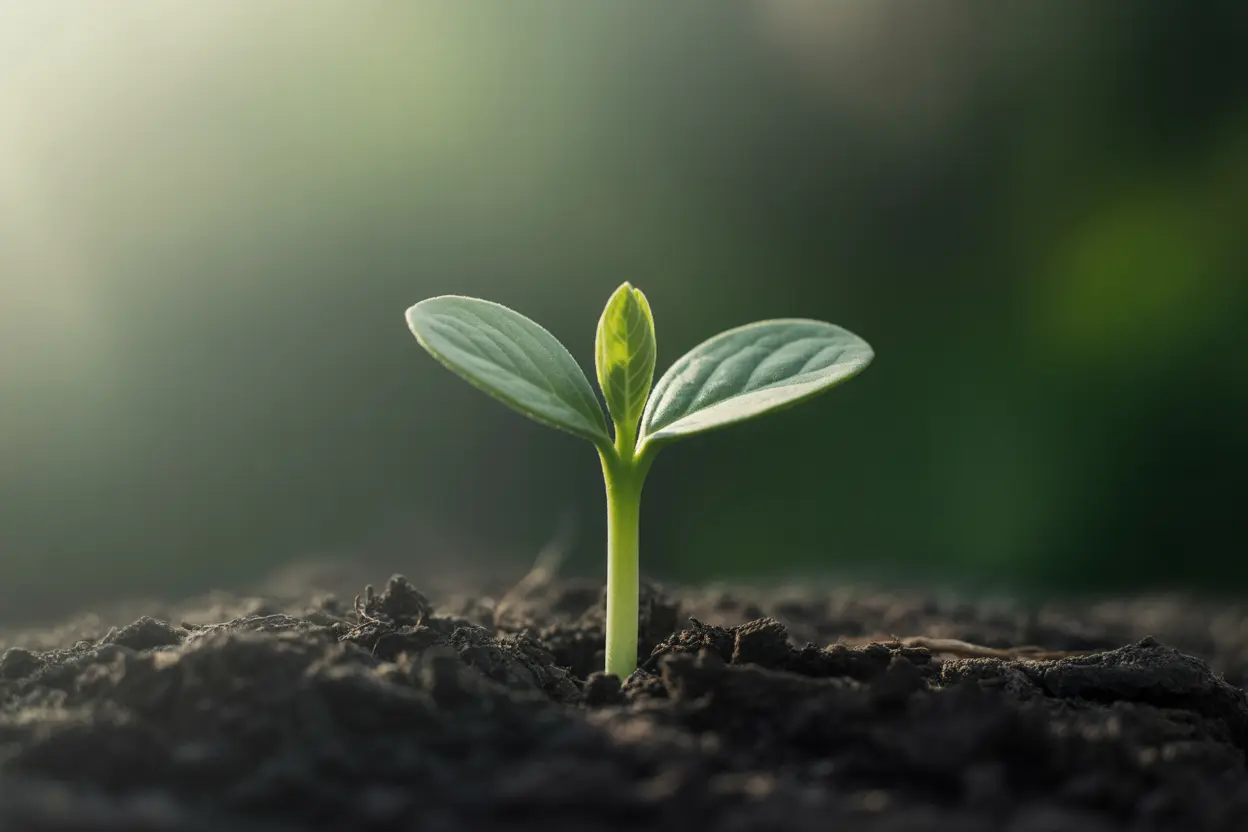 A single green sprout pushes up through dark soil, symbolizing hope and recovery from trauma.