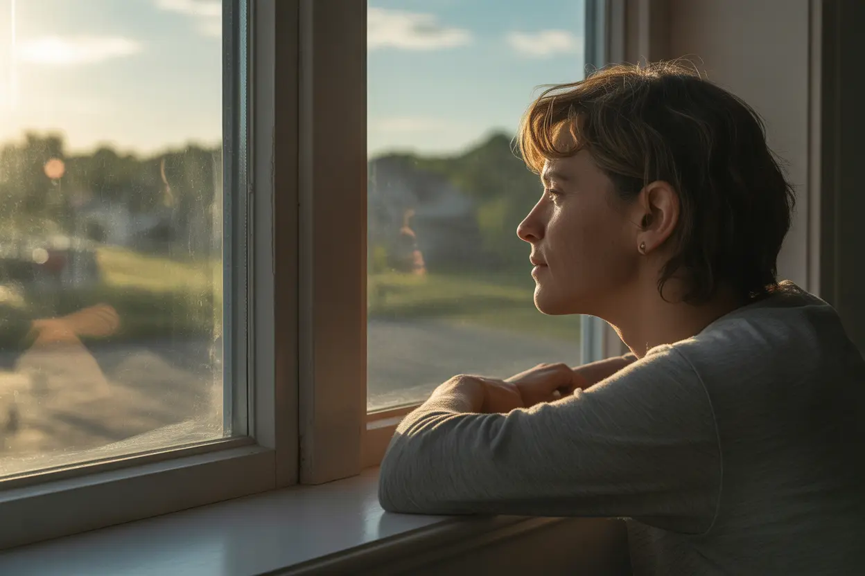 A person looking out a window with a hopeful expression, contemplating positive changes.