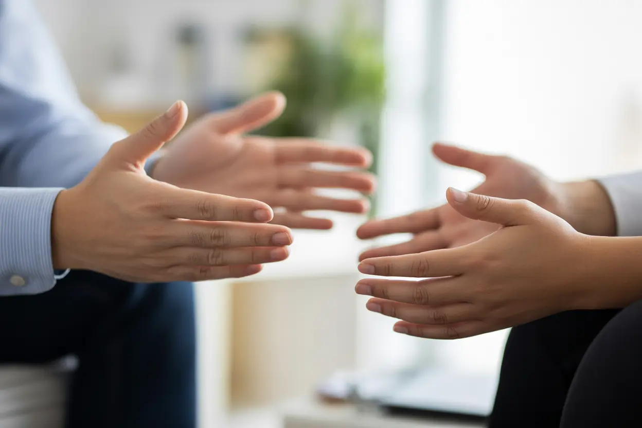 A close-up of two pairs of hands during a therapy session, showing connection and active listening.