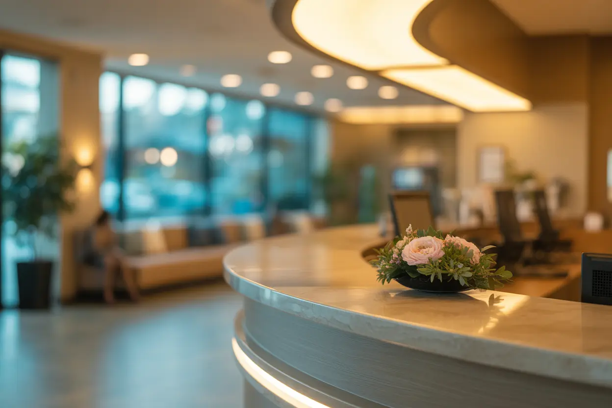 A welcoming and professional reception desk in a rehab facility, suggesting a safe and organized environment.