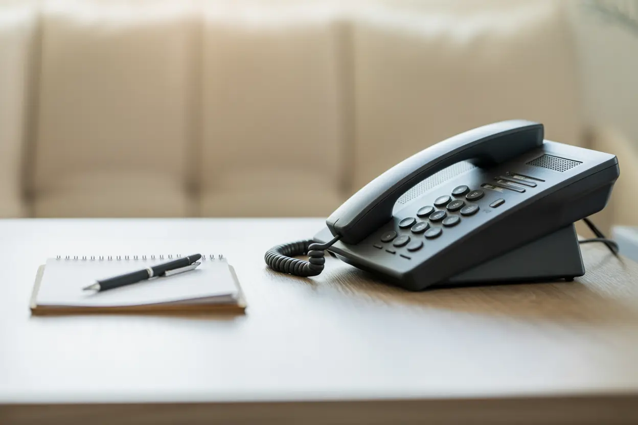 A phone on a desk, symbolizing the first step of calling for help with addiction treatment.