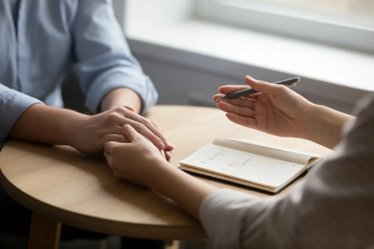 Two people's hands on a table, one offering support to the other while looking at goals in a notebook.