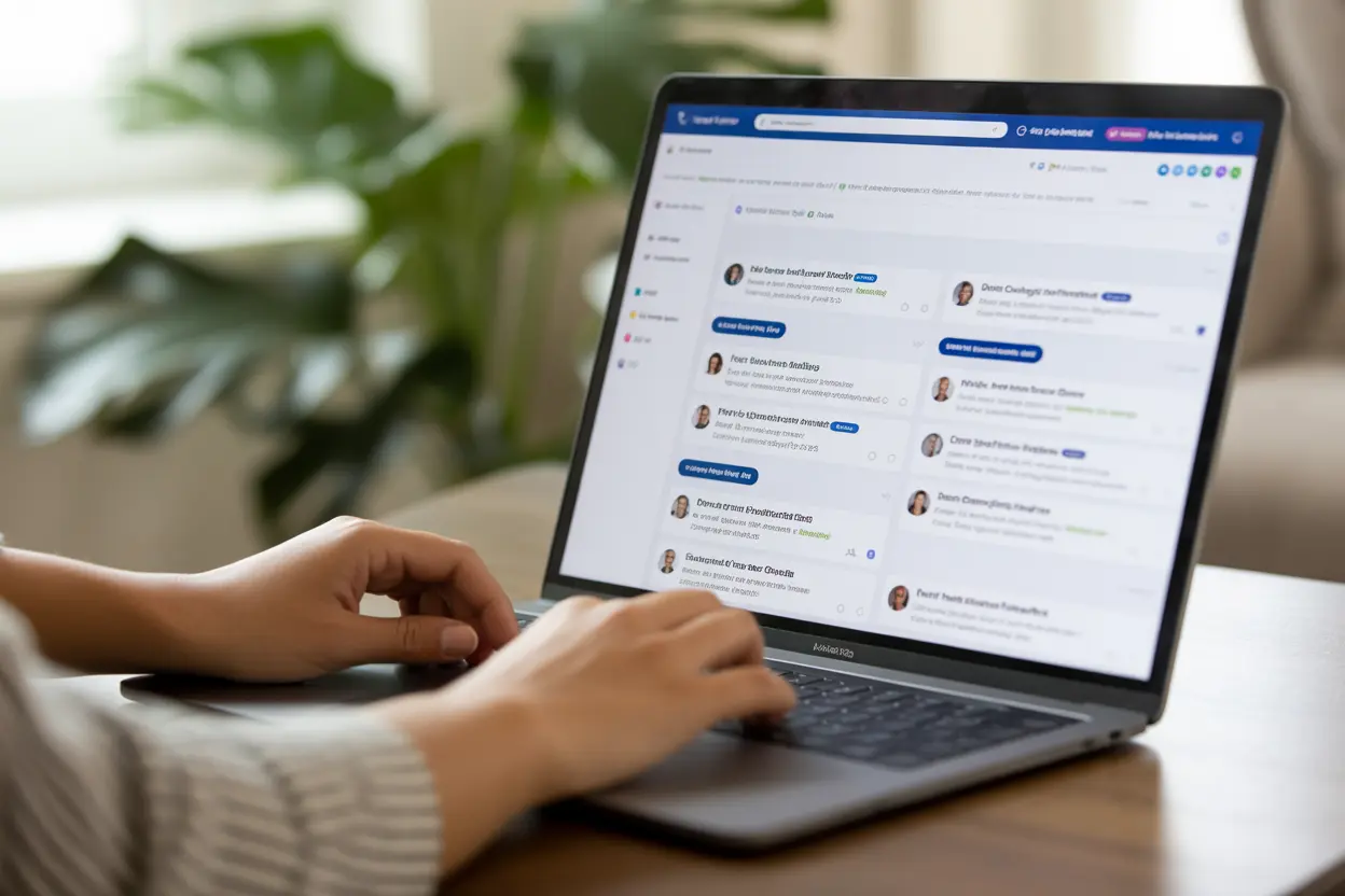 A person uses a laptop to search an online directory for recovery coaches in Indiana, showing a sense of hope and proactive self-care.