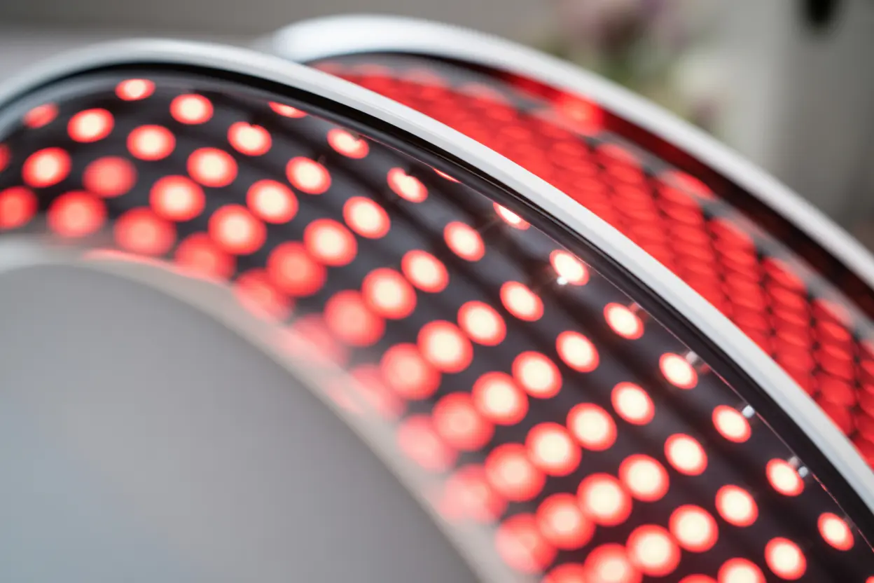 A close-up view of a red light therapy panel with glowing LED diodes.