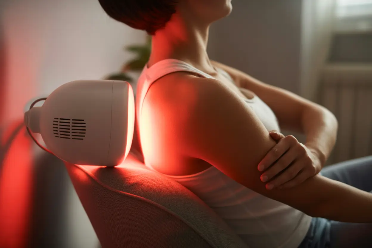 A person receiving red light therapy on their shoulder for pain relief in a calm setting.