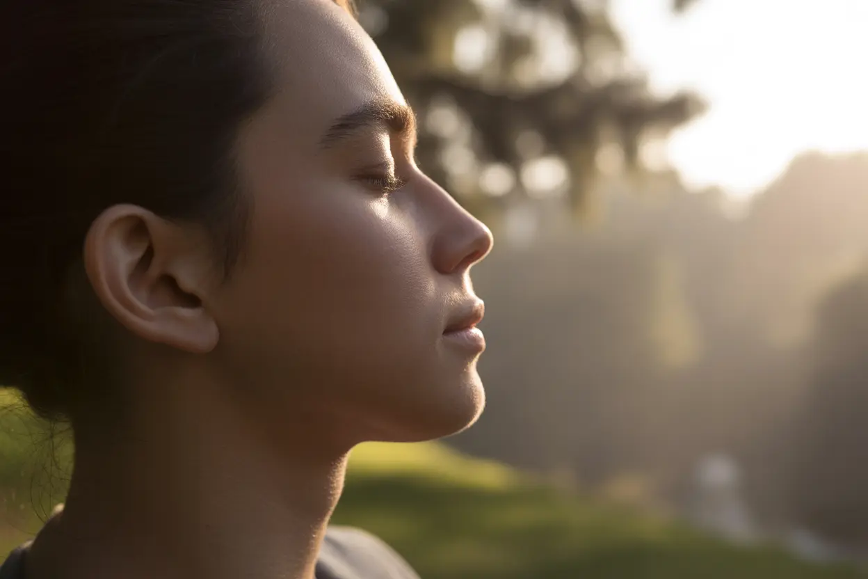 A person meditating outdoors with eyes closed, finding inner peace and mindfulness in a serene setting.
