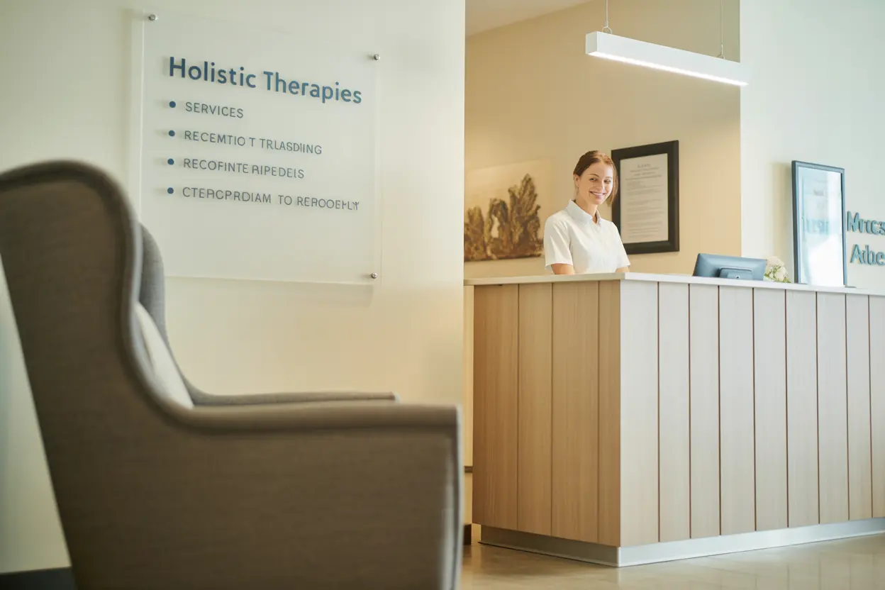 Welcoming reception area of a modern rehab center in Indiana that offers holistic therapies.