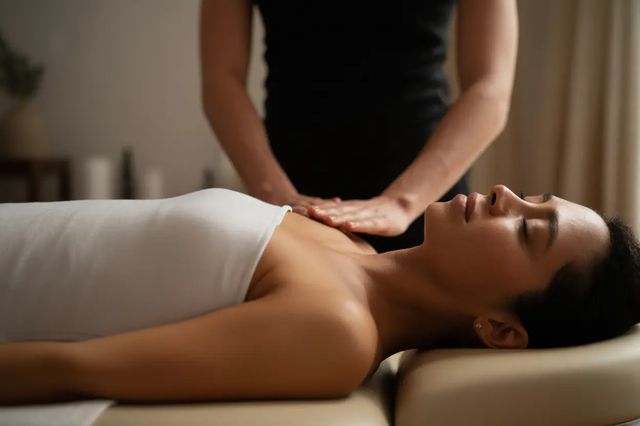A person receiving reiki therapy, lying peacefully on a massage table while a practitioner's hands hover above their shoulder.