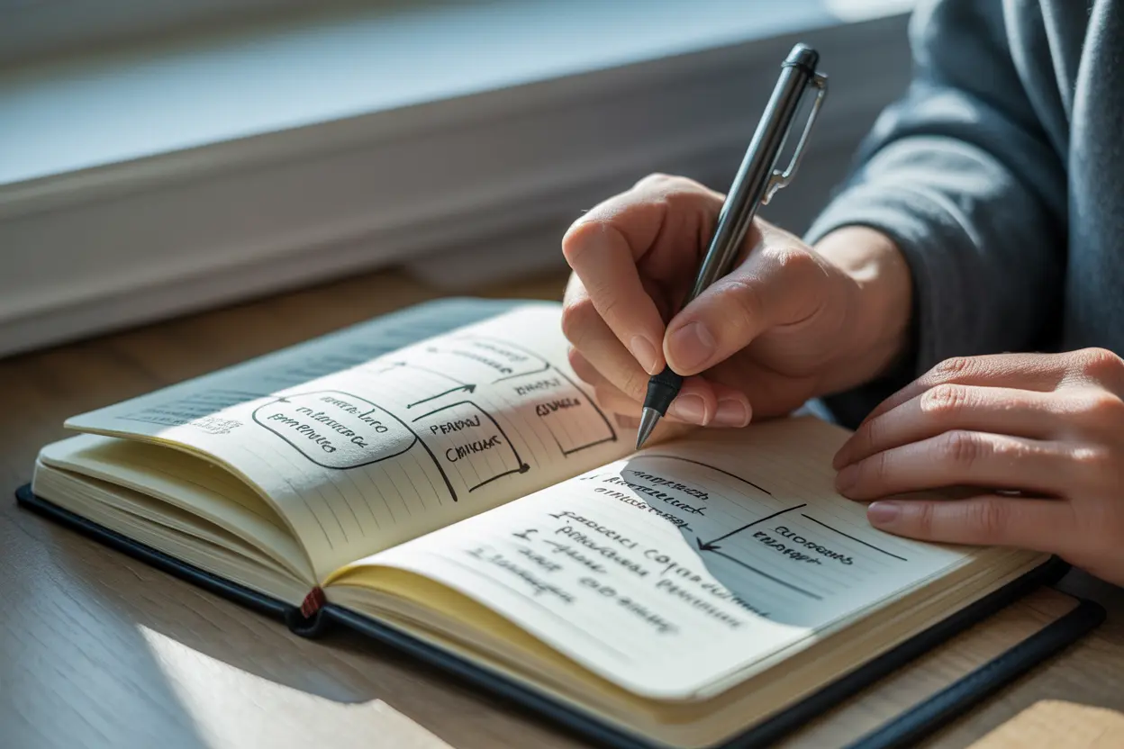 A person's hands writing in a journal, mapping out triggers and coping strategies for relapse prevention.