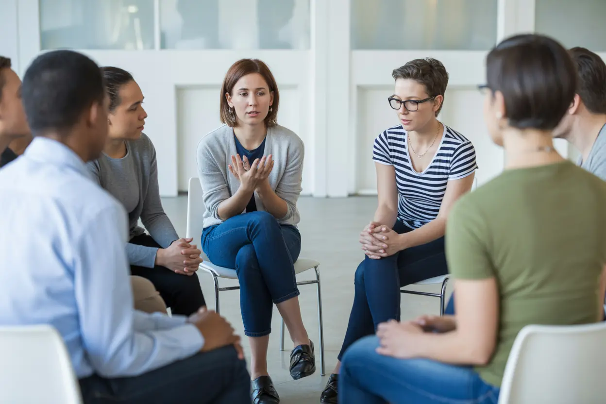 A diverse group of people participating in a supportive group therapy session for relapse prevention.