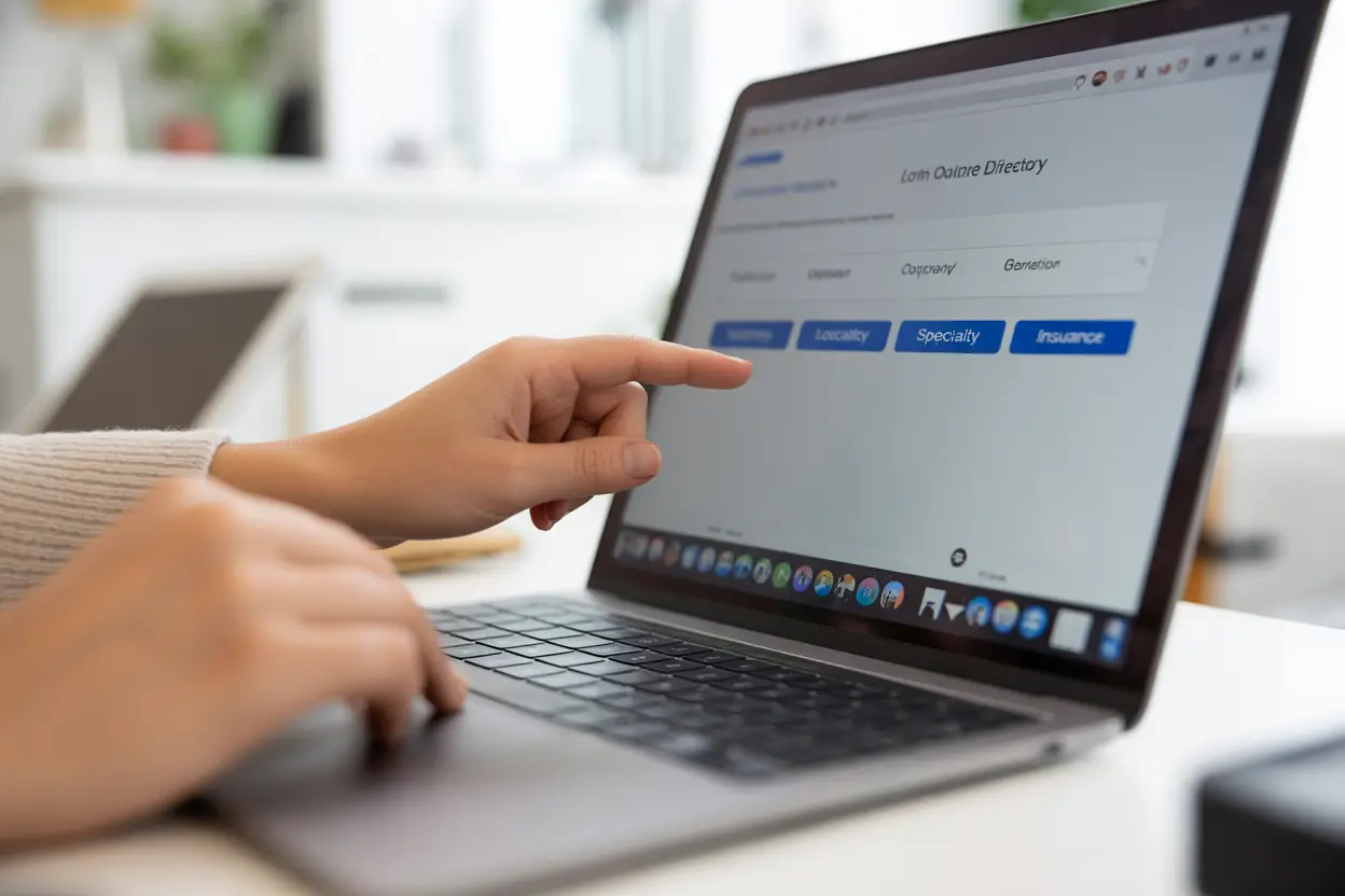 Hands on a laptop keyboard, browsing an online directory of therapists with filter options visible on the screen.