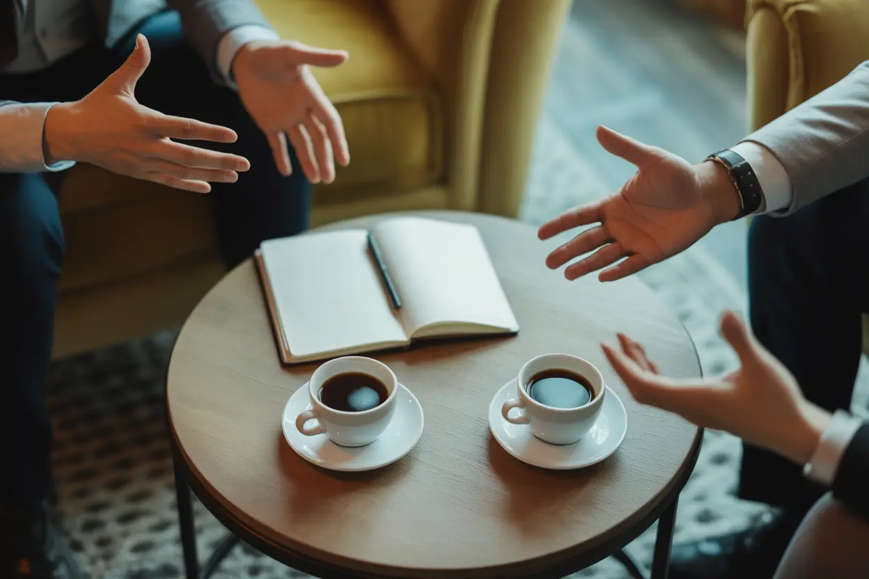 Overhead view of two people's hands gesturing during a calm conversation over coffee at a table with a notebook.