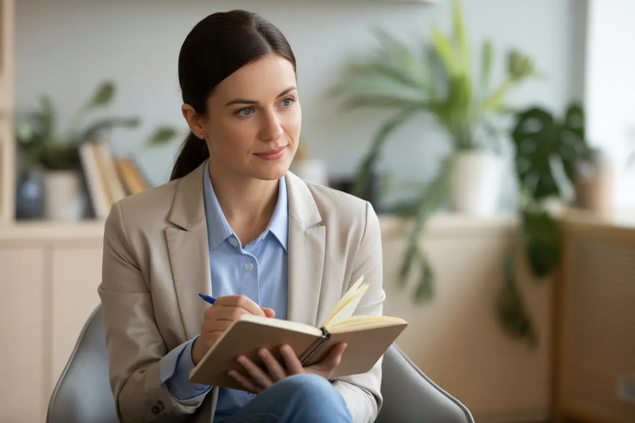 A kind and professional therapist in a bright, modern office, actively listening to her client.