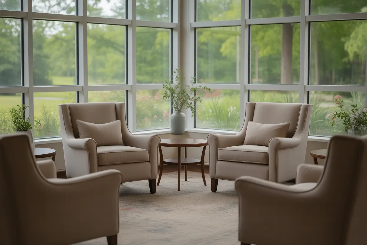 A calm and supportive common room in a rehab facility, with comfortable chairs and large windows overlooking a garden.