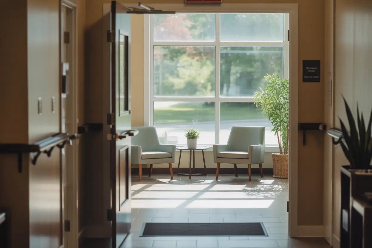 A welcoming entryway to a residential treatment facility in Indiana, with sunlight streaming in.