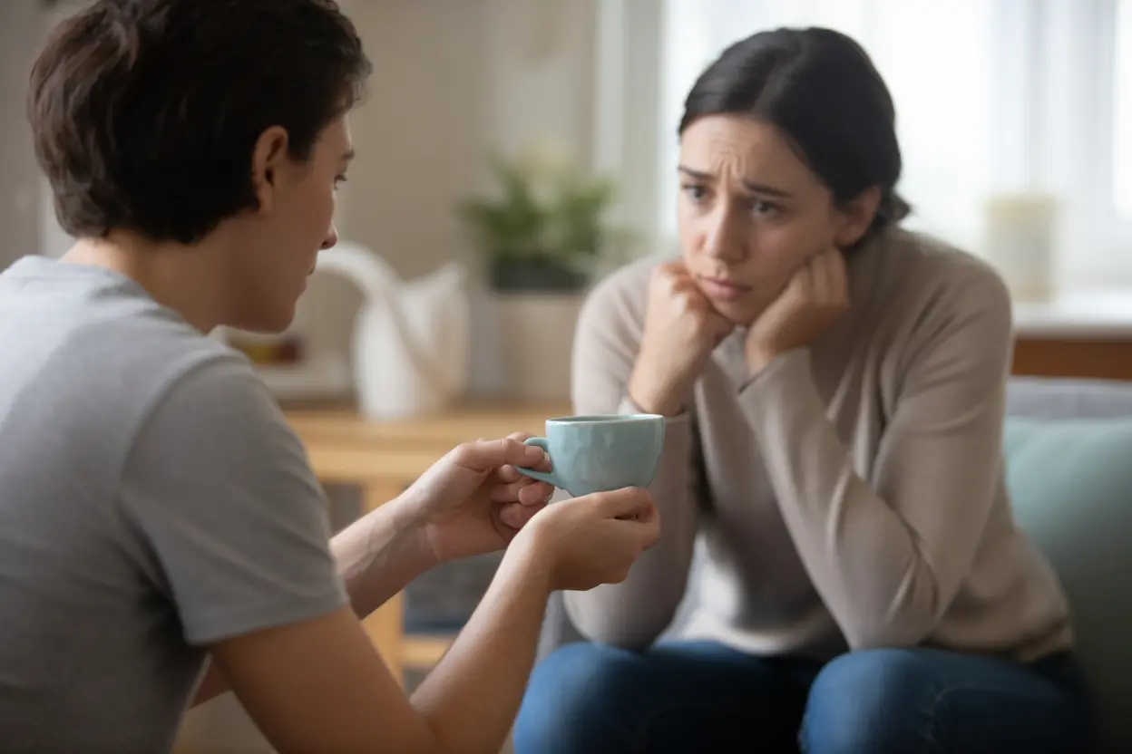 A concerned friend offering a cup of tea to another person in a quiet living room, symbolizing support.