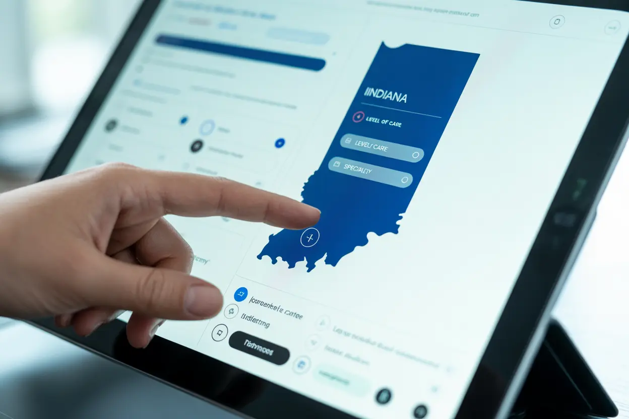 A person's hand using a tablet to filter through rehab options in Indiana, showing empowerment and choice.