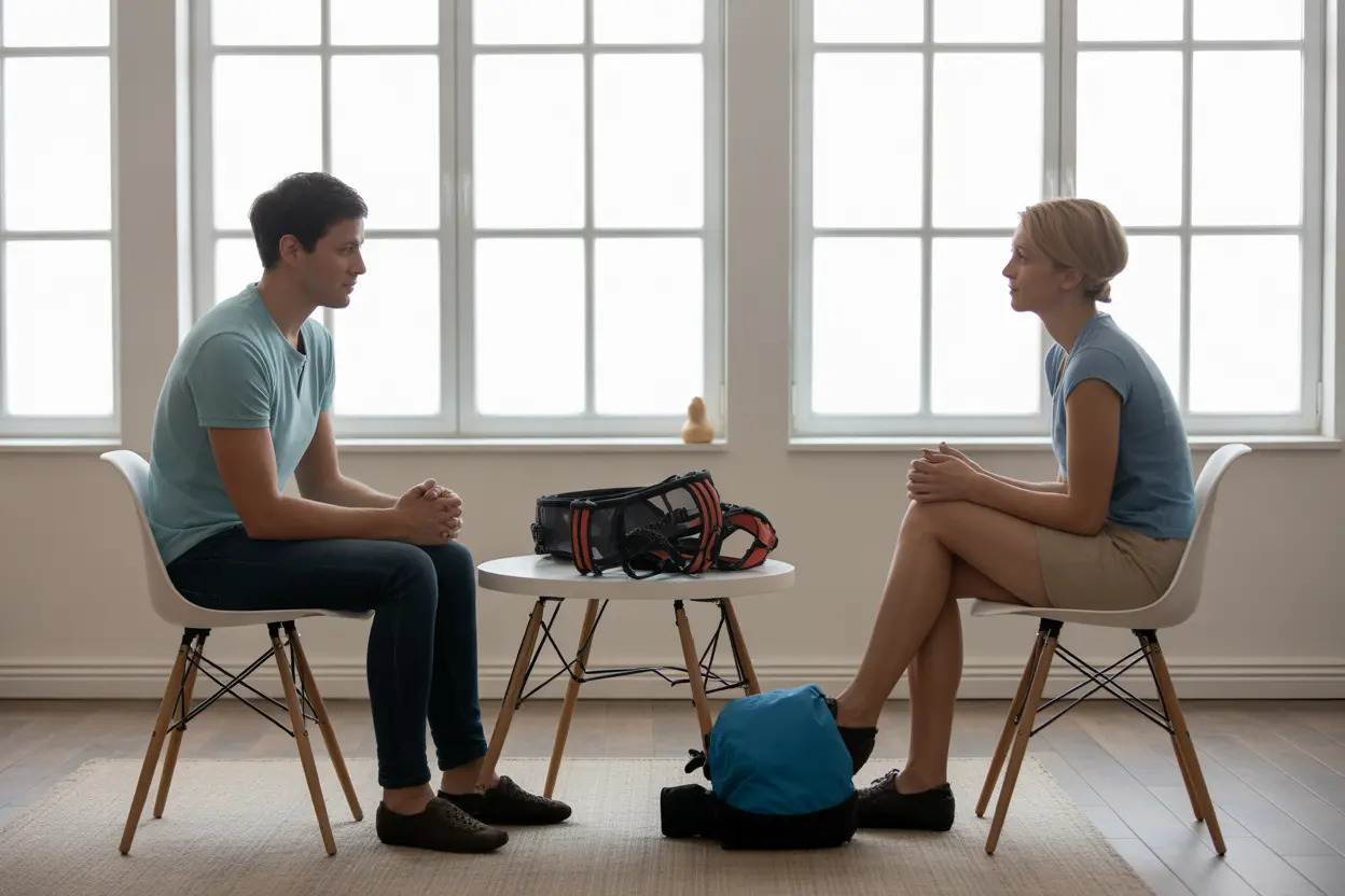 A therapist and client discuss addiction treatment options in a bright, supportive office with climbing gear on the table.