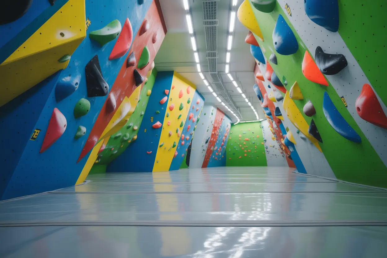 A modern indoor rock climbing gym at an Indiana rehab, representing a unique amenity for addiction treatment.