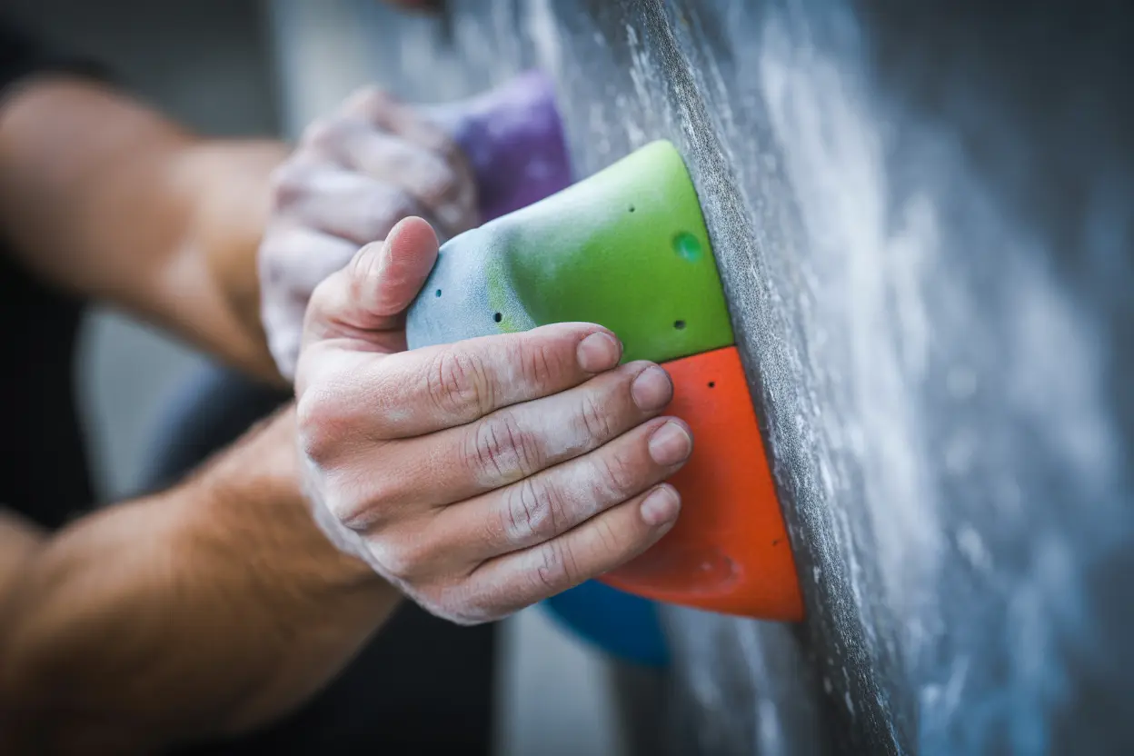 A person's chalked hands gripping a climbing hold, symbolizing focus and determination in addiction recovery.