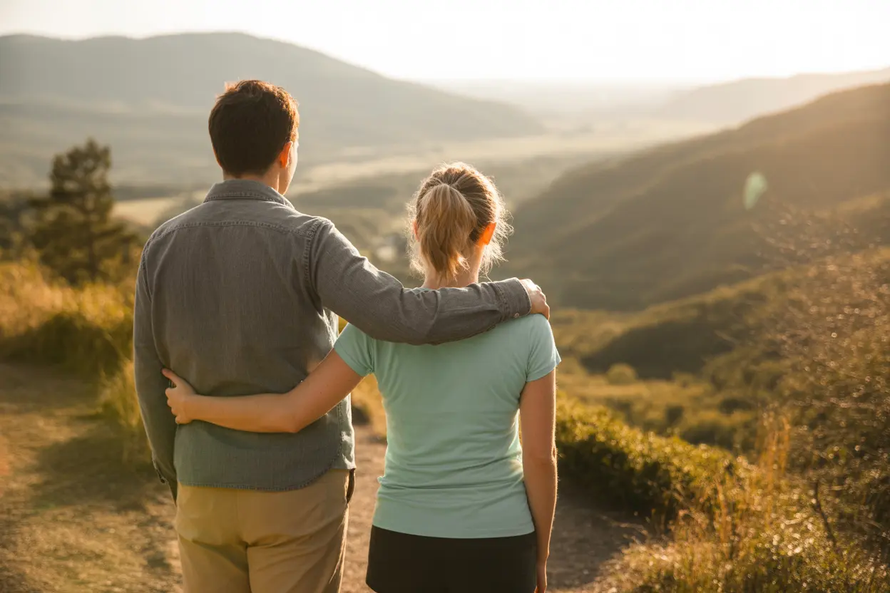 Two people looking out over a valley, symbolizing a hopeful future and the support found in recovery.