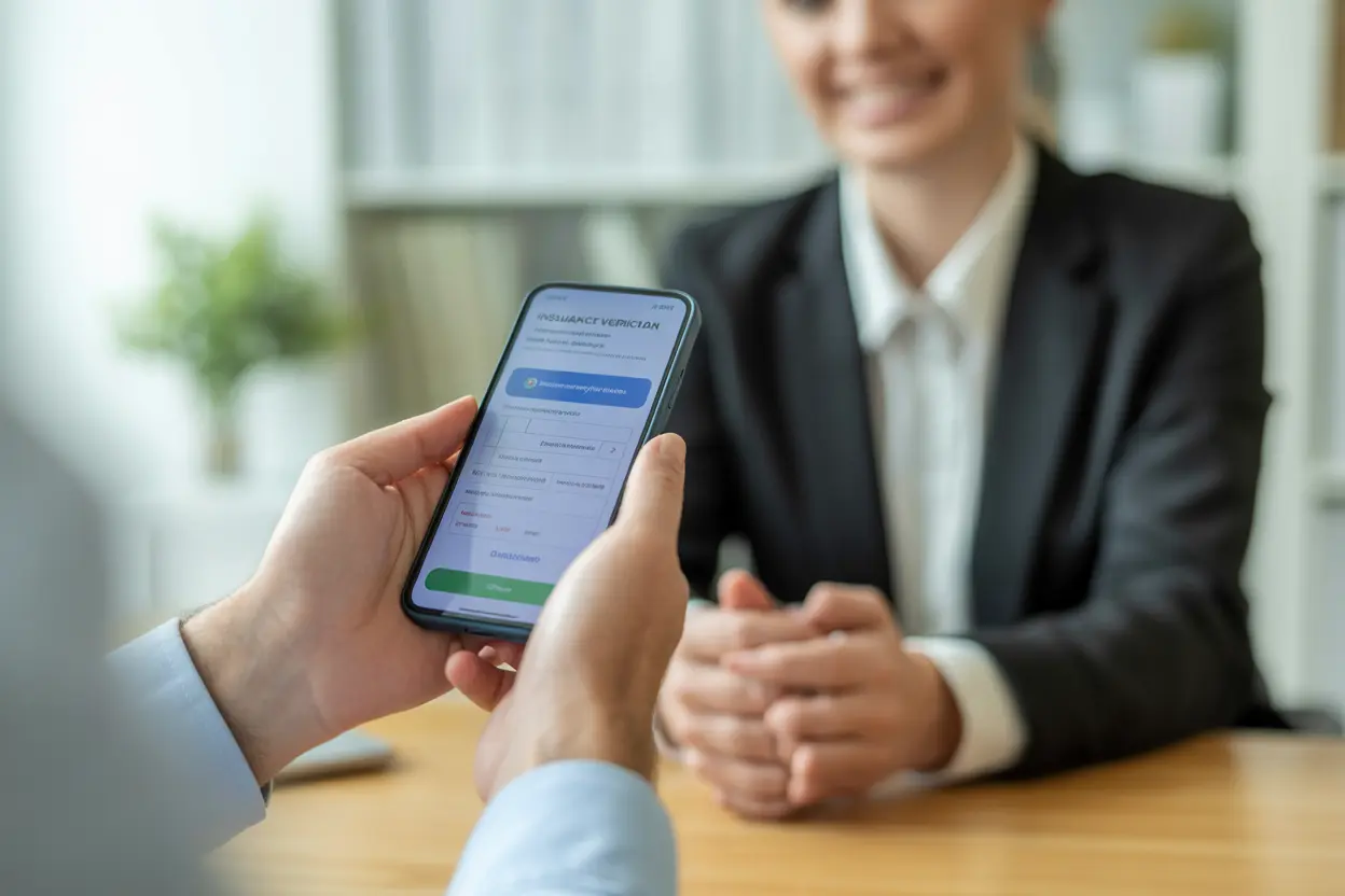 A person's hands holding a smartphone displaying an insurance verification form, with a helpful admissions coordinator in the background.