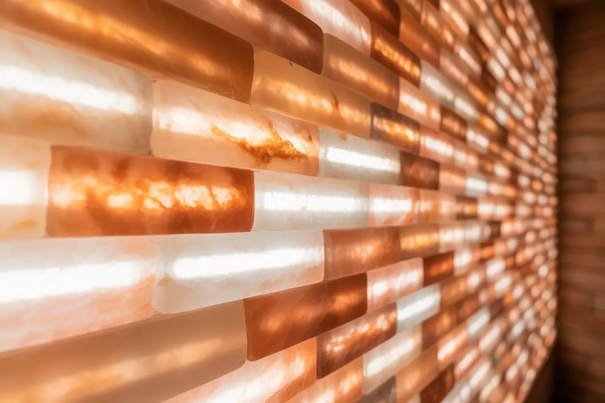 A soothing, warm glow emanates from a backlit Himalayan salt brick wall in a tranquil salt room.