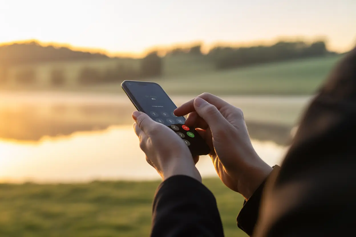 A person's hands dialing a number on a smartphone with a hopeful Indiana sunrise in the background, symbolizing a new beginning.