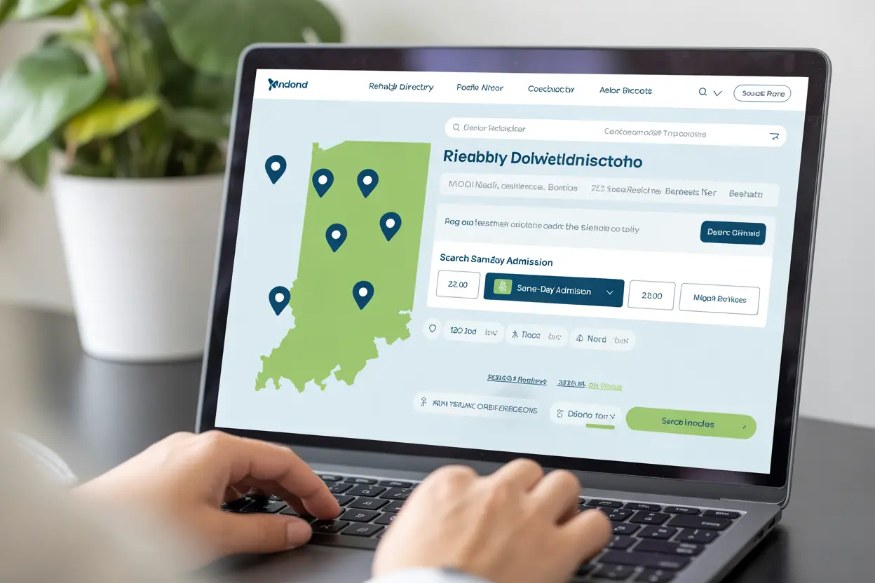A laptop screen shows a rehab directory website with a map of Indiana, where the 'Same-Day Admission' filter is selected to find local treatment centers.
