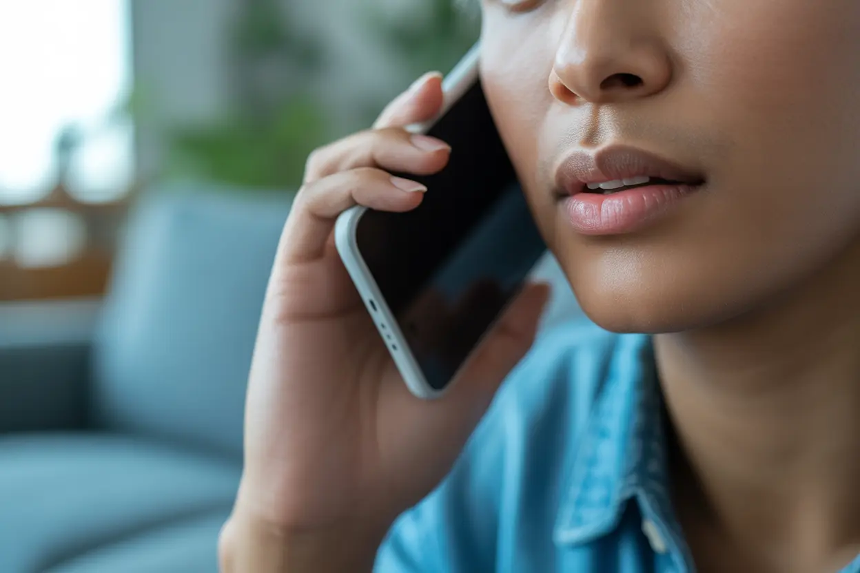 A person with a hopeful expression makes a call on their smartphone, ready to take the first step towards recovery.