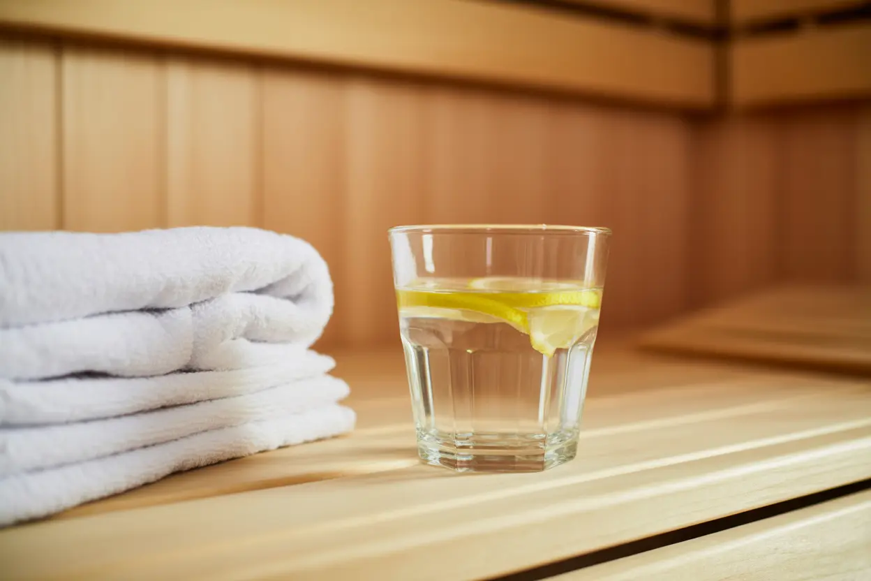 A glass of water with lemon slices and a towel in a sauna, emphasizing hydration and safety.