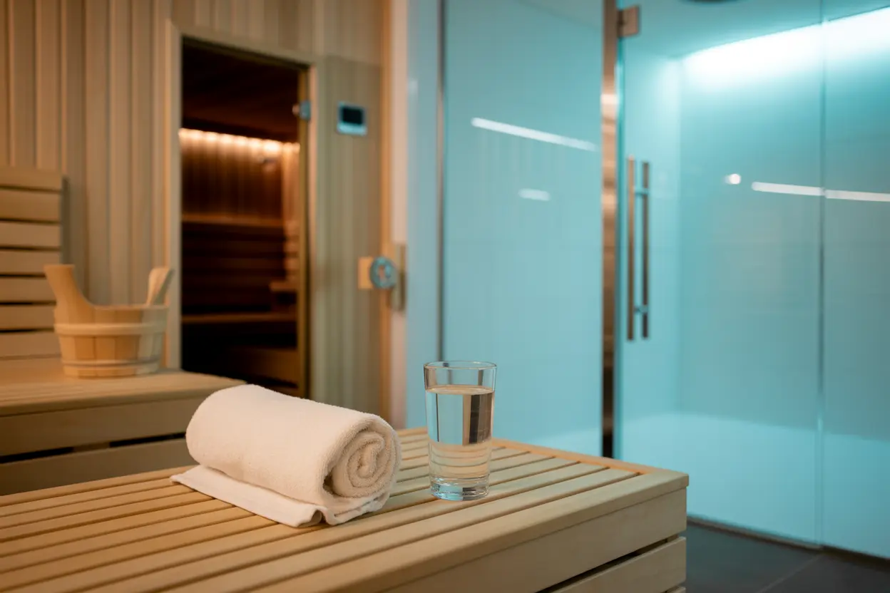 A serene spa area in a rehab facility with a sauna and steam room, conveying tranquility.