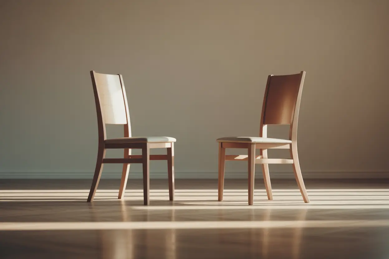 Two empty chairs facing each other in a calm, well-lit room, representing the 'chair work' technique used in schema therapy for internal dialogue.