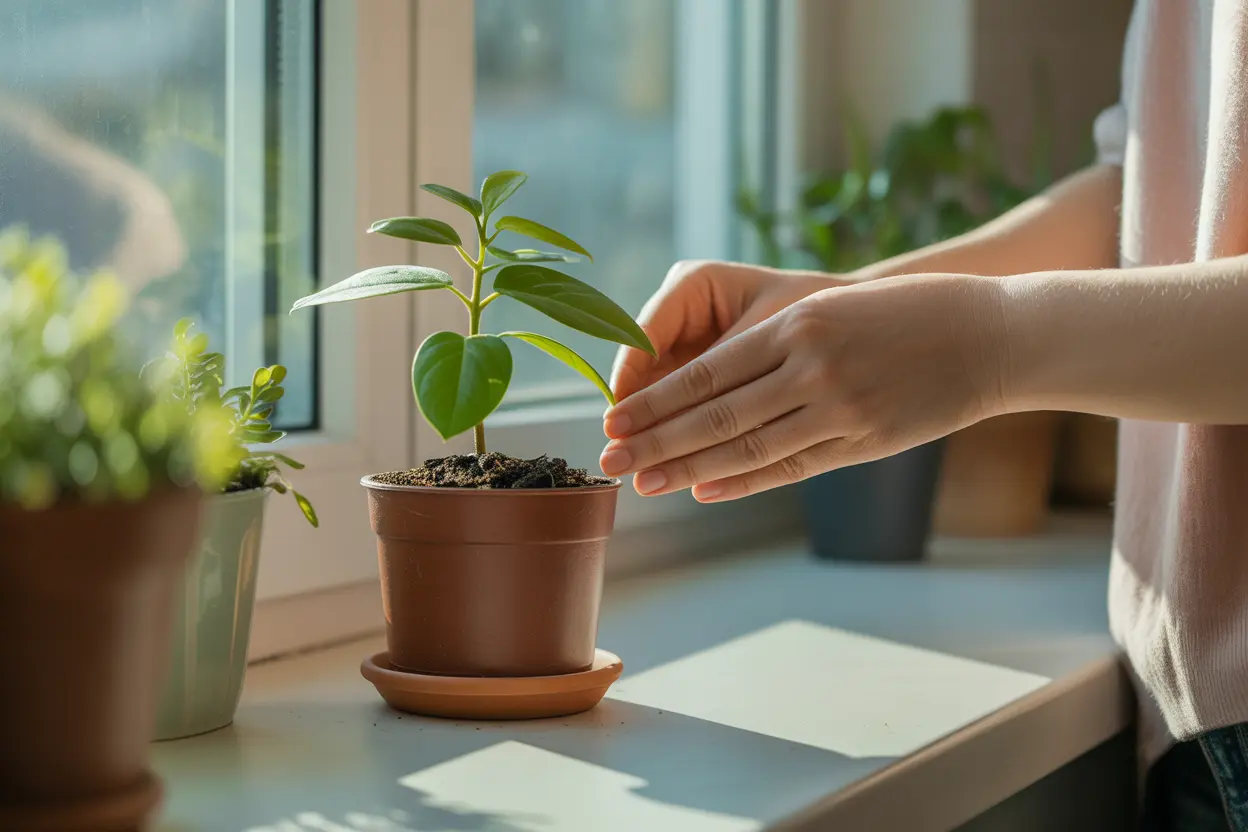A person's hands gently tending to a small, healthy plant on a sunny windowsill, symbolizing personal growth and self-care.