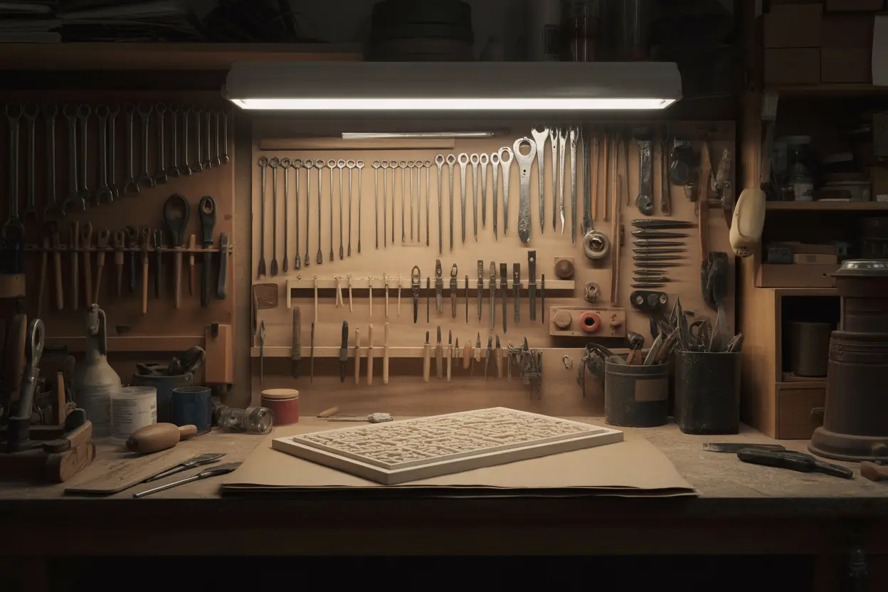 A quiet workshop with neatly arranged tools and a half-finished project, representing focused solitary activity.