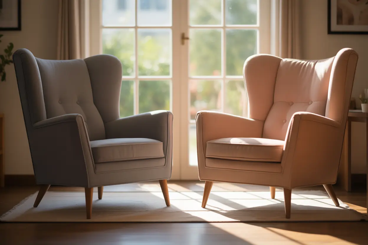 An empty, inviting therapist's office with two chairs, symbolizing a safe space for therapy and conversation.