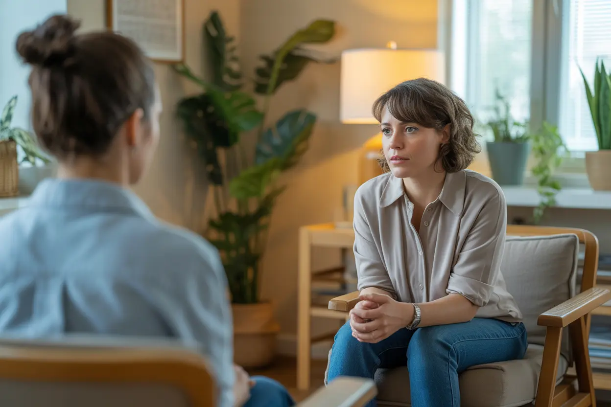 A supportive therapist listening to a client in a calm and inviting office setting, representing the safety of psychotherapy.