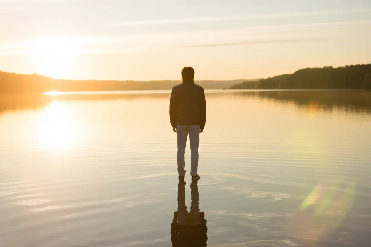 A person looking out at a peaceful Indiana lake at sunrise, representing hope and the possibility of recovery.