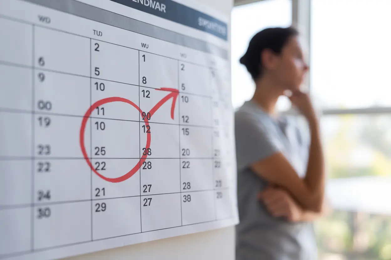 A calendar with a one-month period circled, leading to a six-month mark, symbolizing the duration of schizophreniform disorder.