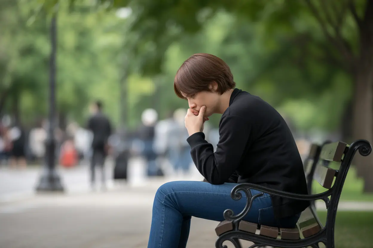 A person sits alone on a park bench, looking thoughtful and detached from the world around them.