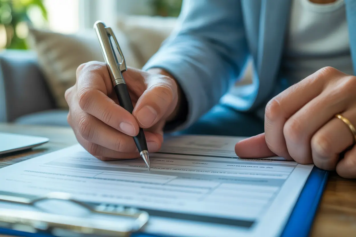 A person's hands filling out a financial assistance form, symbolizing taking a proactive step towards recovery.