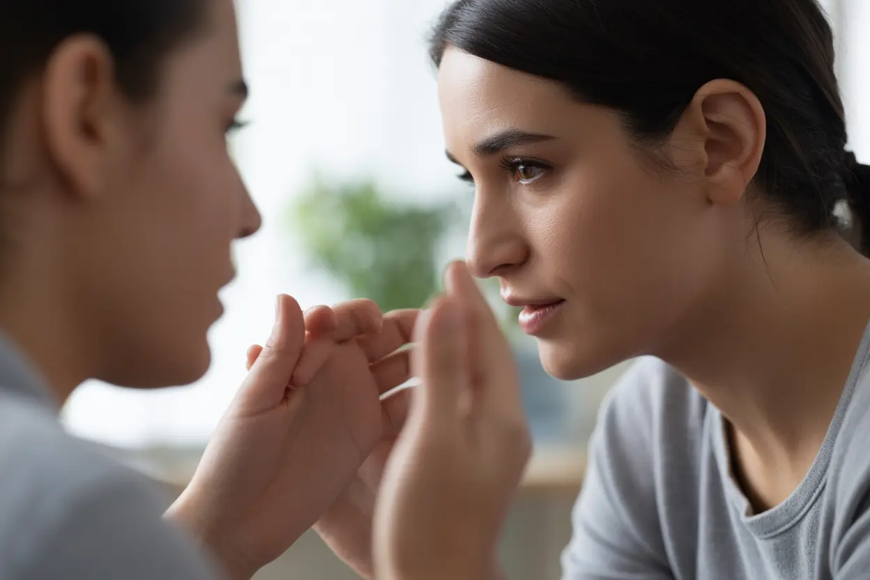 A therapist listening empathetically to a client during a therapy session, representing the connection in behavioral therapy.