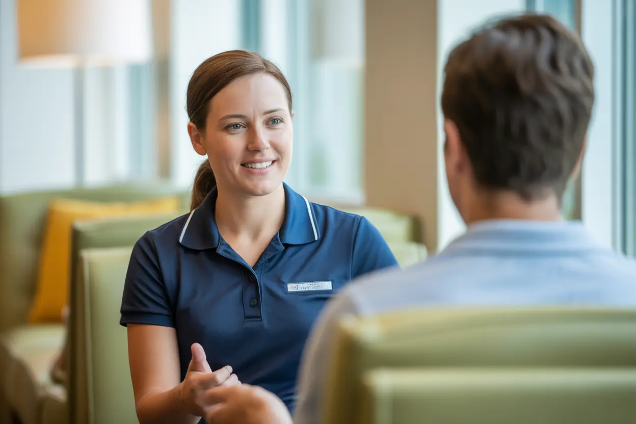 A compassionate staff member at a rehab facility speaks with a client in a bright, comfortable common area.