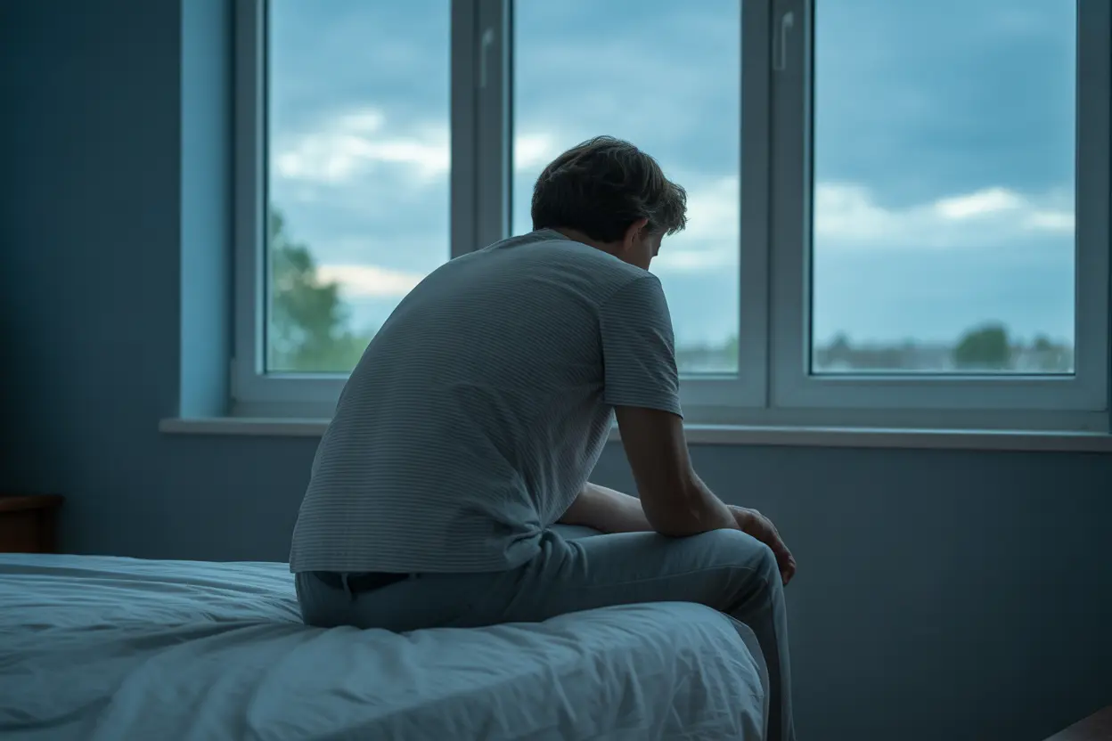A person sits on a bed in a dim room, looking out the window, conveying a sense of isolation and the internal struggle of addiction.