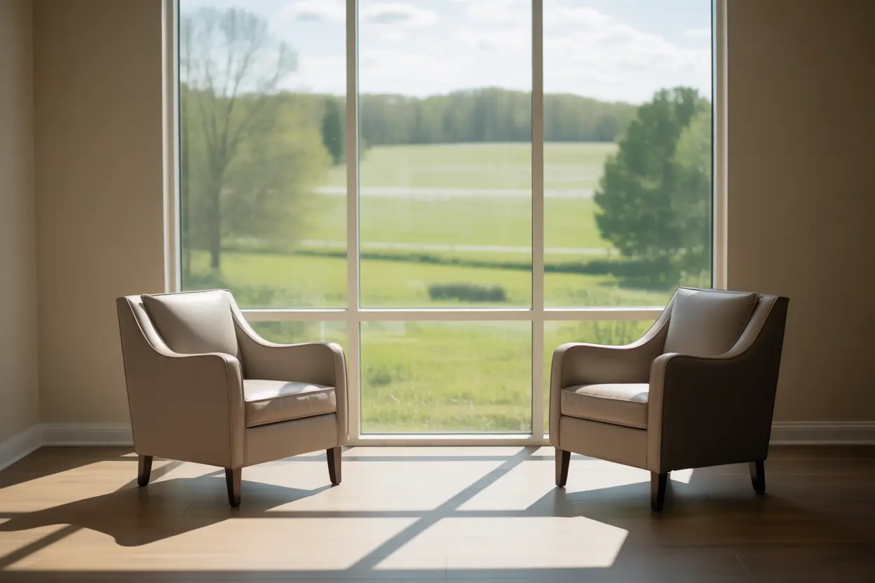 An empty, sunlit therapy room in Indiana, offering a sense of hope and a safe space for addiction treatment and recovery.