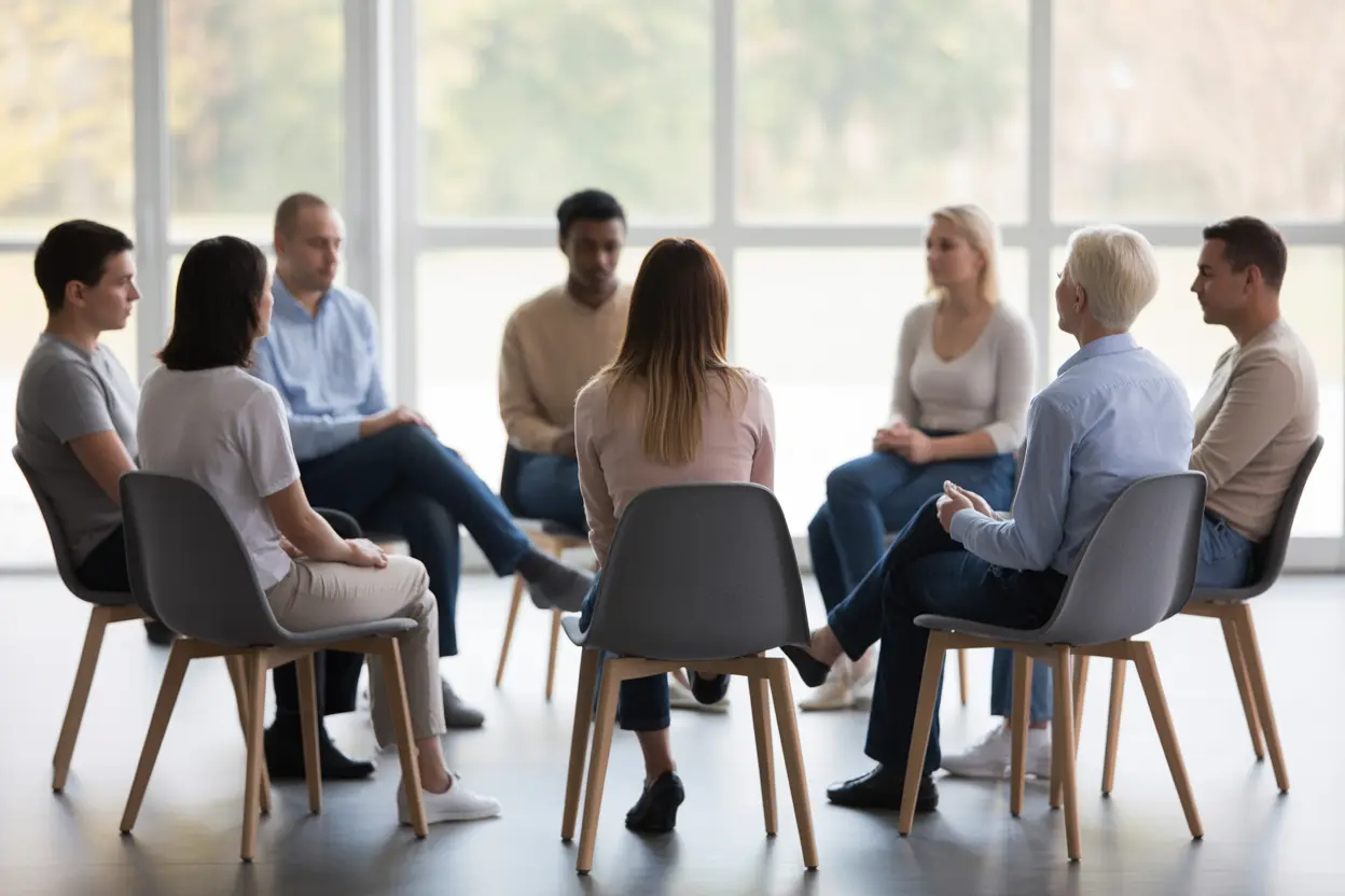 A supportive therapy group session in a bright, welcoming room.